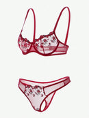 Flourish Non-Padded Floral Wired Bra & Panty Set –Embroidered Sheer Lingerie